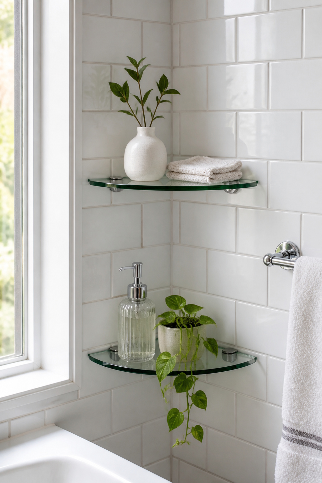 Two glass corner wall shelves transform an unused bathroom corner into a clean, styled storage zone for soap, a small plant, and minimalist accessories.