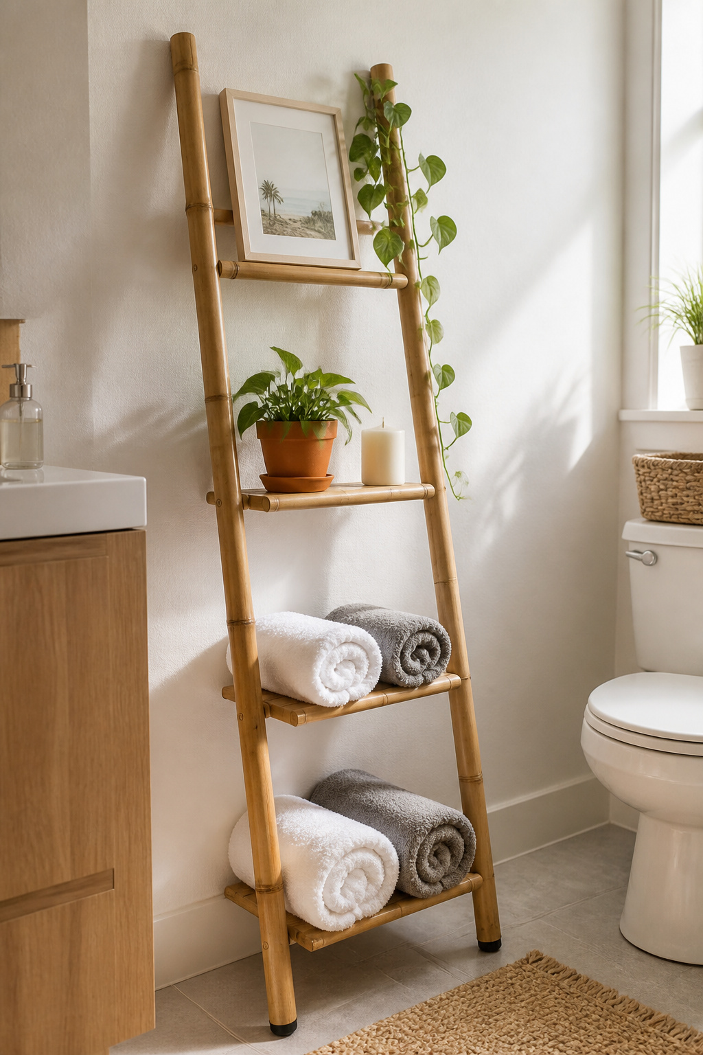 A natural bamboo ladder shelf leans against a white bathroom wall with no drilling required, holding rolled towels on lower rungs and a pothos plant and candle on upper rungs — a perfect renter-friendly solution.