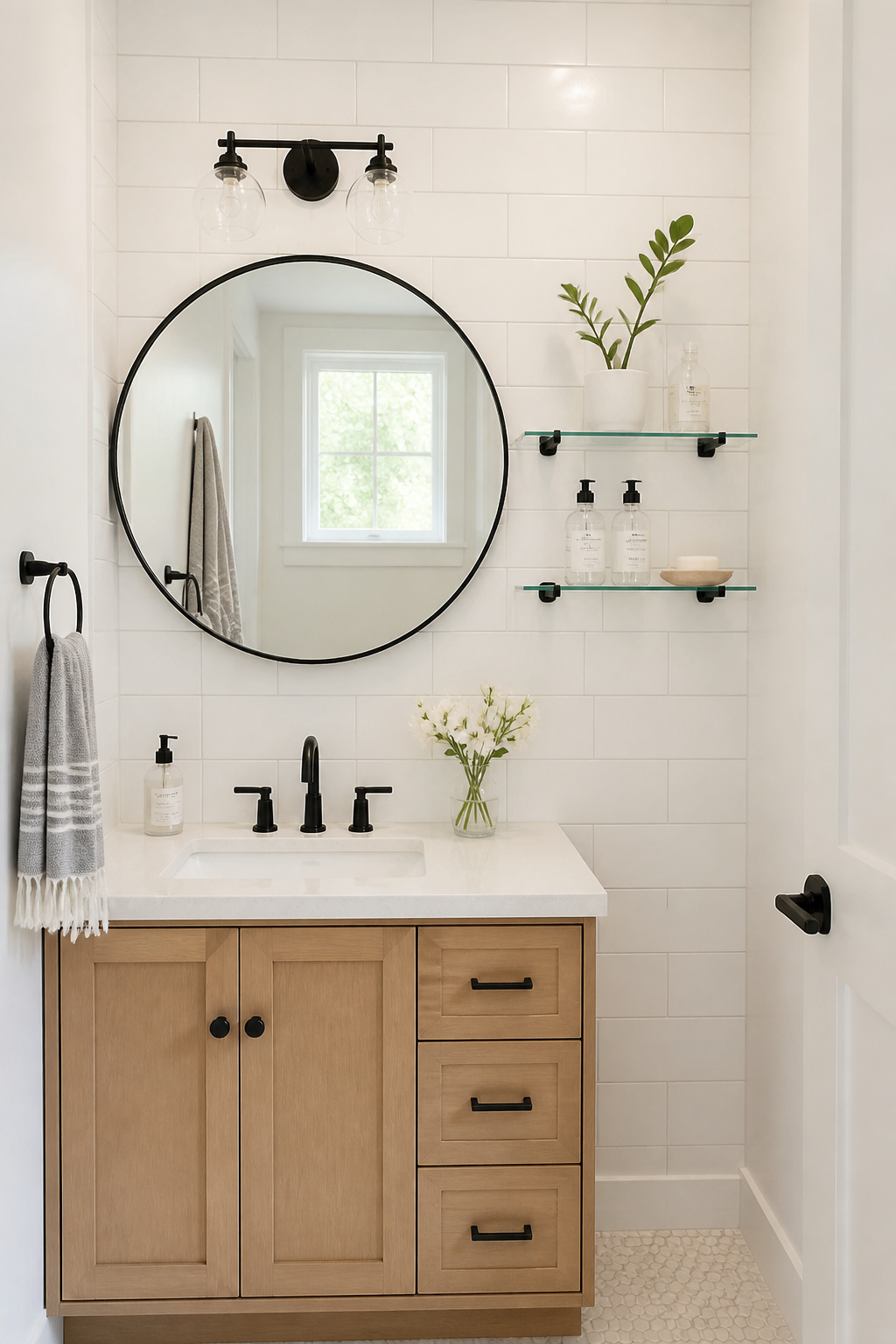 Two tempered glass floating shelves with matte black brackets hold minimal accessories beside a bathroom mirror — the transparent shelves keep the small bathroom feeling open and spacious.
