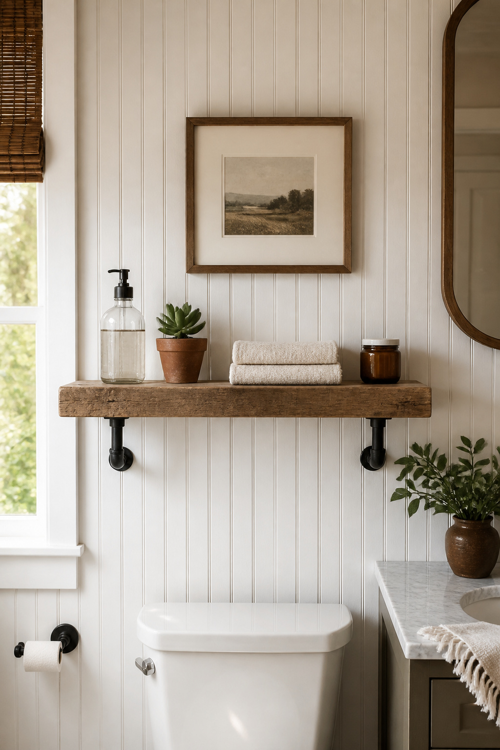 A reclaimed wood floating shelf with natural rough-sawn edges and black iron brackets brings rustic warmth to a white bathroom wall, styled with terracotta pots and glass accessories.