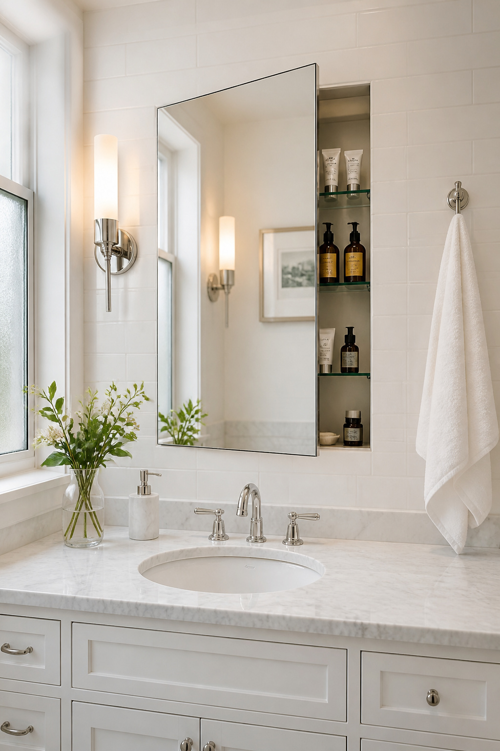 A frameless recessed medicine cabinet with a mirrored face sits flush with the white tile wall above the vanity sink, concealing bathroom supplies while reflecting light to make the small bathroom feel larger.