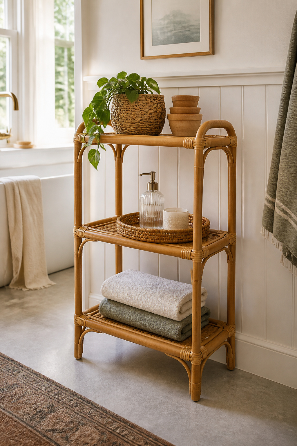 A freestanding natural rattan shelf unit styled with linen towels, a glass soap dispenser, and a small trailing plant brings organic warmth and texture to a white bathroom wall.