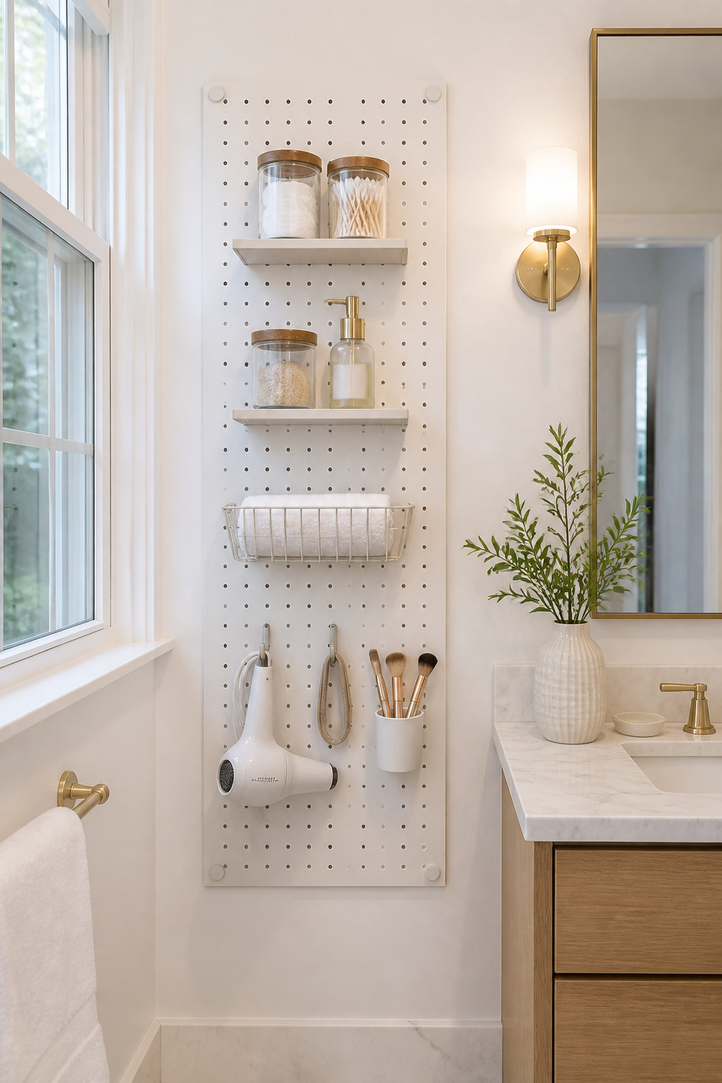 A white pegboard panel with standoff spacers mounted beside the bathroom mirror holds wire baskets, shelves, and hooks in a fully adjustable storage system that can be reconfigured in minutes.