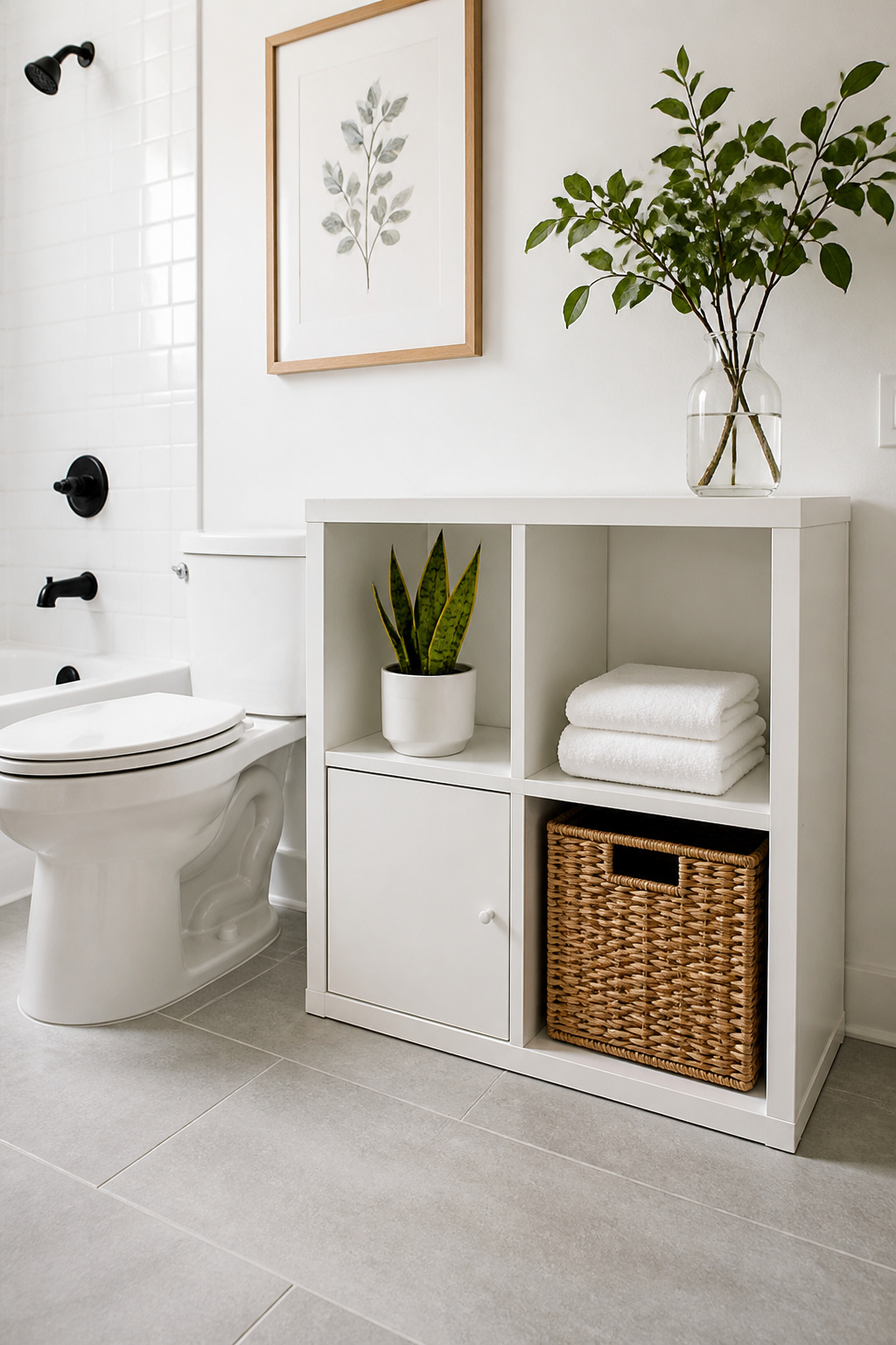 A 2x2 white cube shelf unit beside the toilet mixes open cubes for display with a door insert and rattan bin for concealed storage — the clean geometric format organizes a busy bathroom wall with minimal effort.