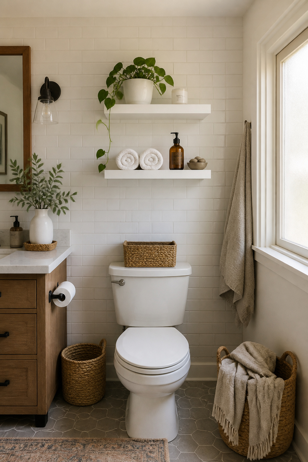 A pair of clean white floating shelves above the toilet hold rolled towels, a small pothos, and simple accessories — proving that basic wall-mounted bathroom shelves deliver maximum style with minimum fuss.