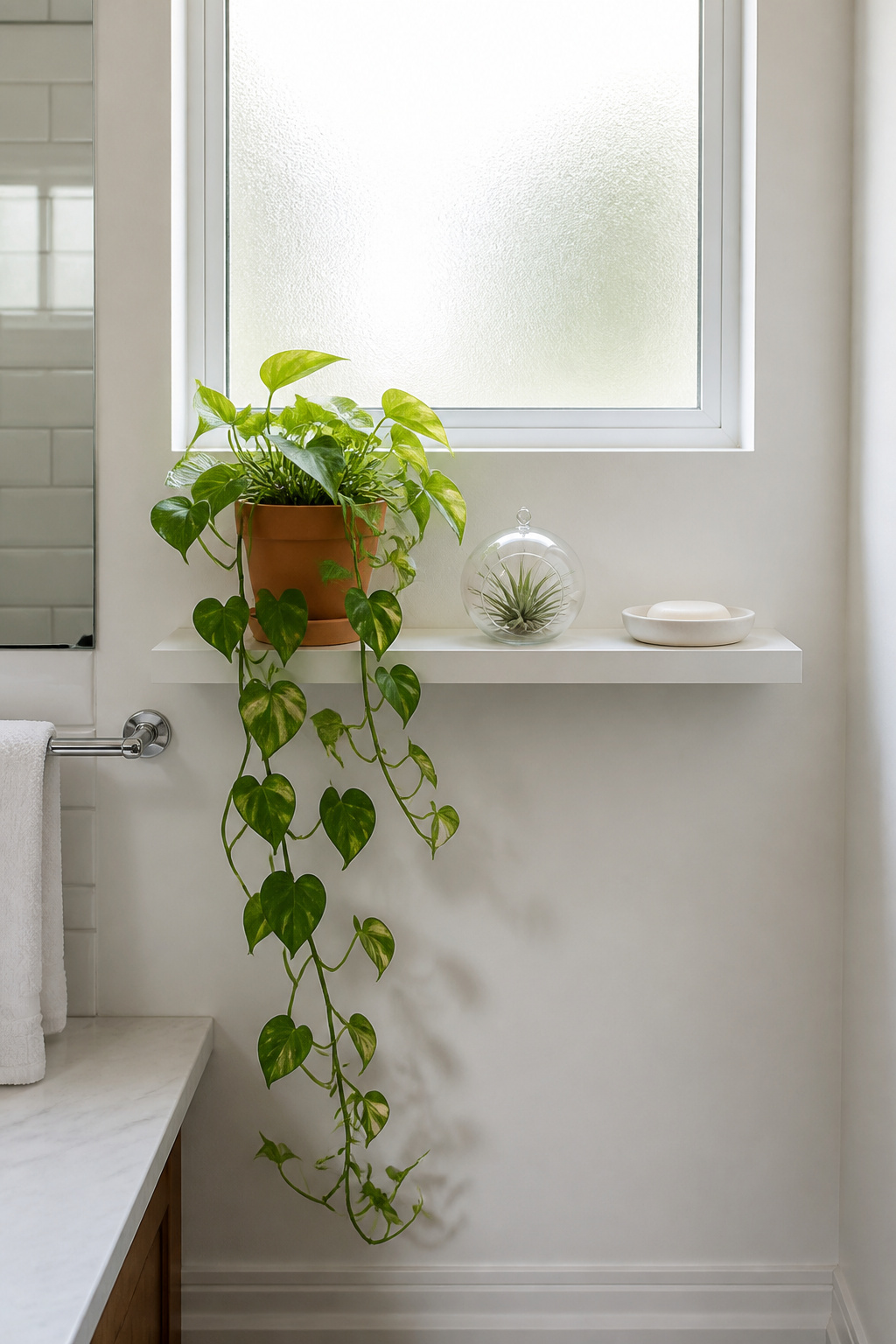 A narrow white ledge shelf near the bathroom window holds a trailing pothos in a terracotta pot and a small air plant in a glass globe — proof that plants do more decorative work per dollar than almost anything else on a shelf.