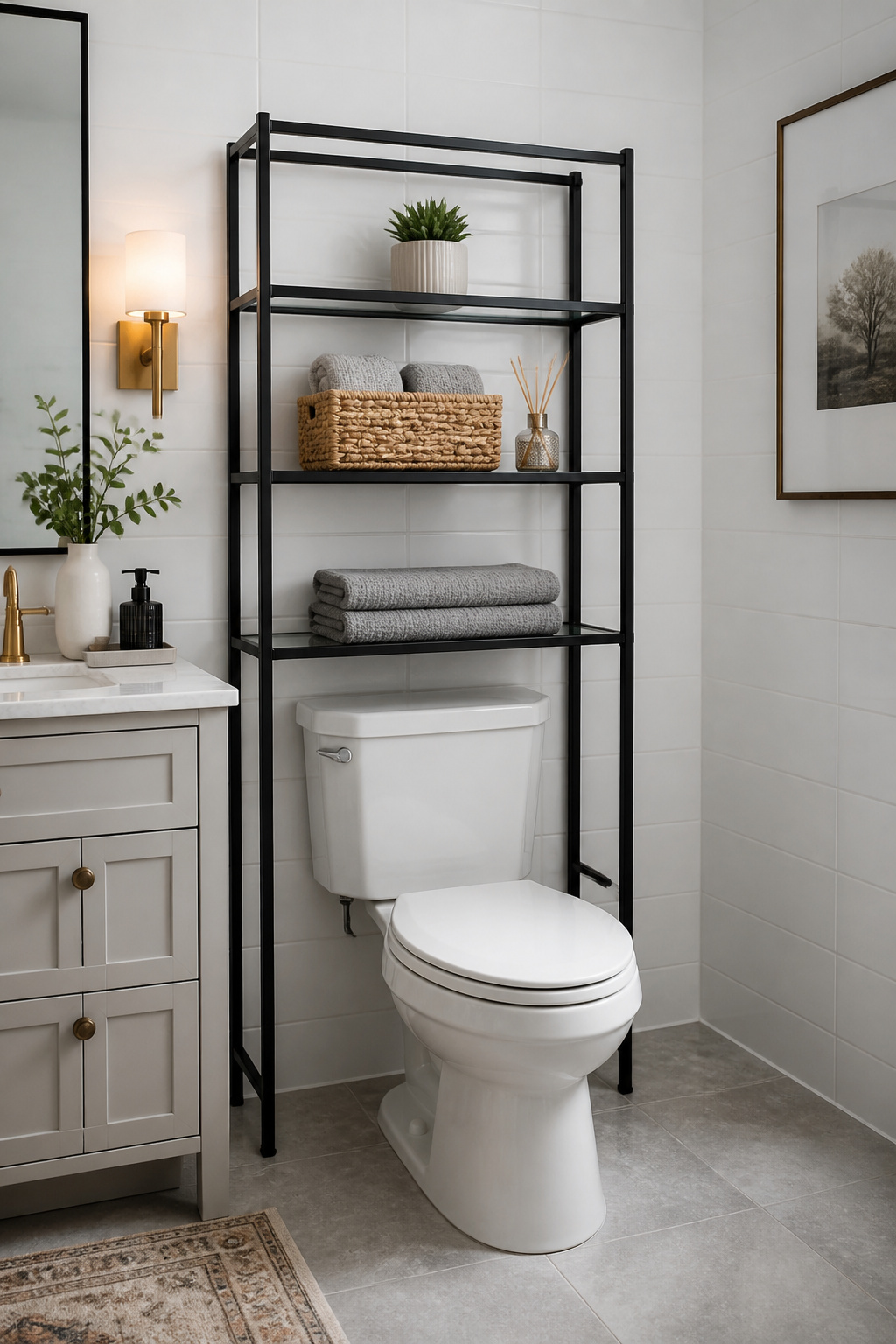 A matte black metal over-toilet etagere with glass shelves transforms the vertical space above the toilet into a styled, organized storage zone with towels, a basket, and a small succulent.
