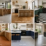Six of the fifteen kitchen floor tile ideas shown in their natural habitat — from large-format porcelain to penny rounds — giving a sense of scale, color, and style context that a single image cannot.