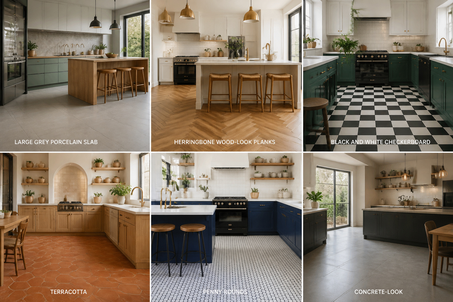 Six of the fifteen kitchen floor tile ideas shown in their natural habitat — from large-format porcelain to penny rounds — giving a sense of scale, color, and style context that a single image cannot.