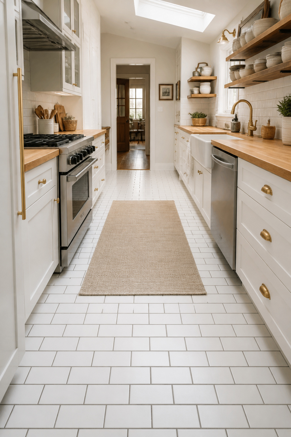 Floor-spec subway tile in 4x8 format with mid-grey grout creates a classic kitchen floor that reads as timeless without demanding any particular cabinetry color or style around it.