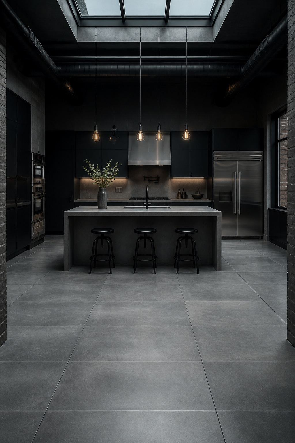 Large-format concrete-look porcelain kitchen floor tile with hairline grout joints creates a near-seamless floor surface that reads as poured concrete — without any of the cracking, staining, or sealing requirements that real concrete imposes.