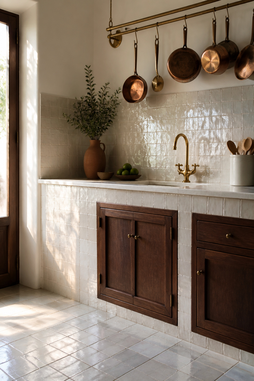 Zellige-style kitchen floor tile in pale grey captures the handmade-glaze aesthetic at a scale suitable for a cooking floor — with authentic zellige reserved for the backsplash where its metallic oxide iridescence can be seen and appreciated up close.