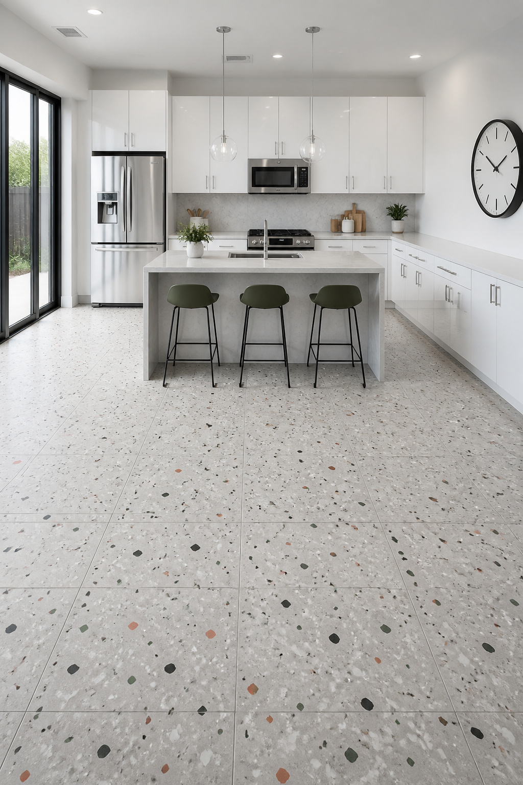 Terrazzo-look porcelain kitchen floor tile in 24x24 matte format delivers the retro-modern aggregate aesthetic of real poured terrazzo at a fraction of the cost and installation complexity.