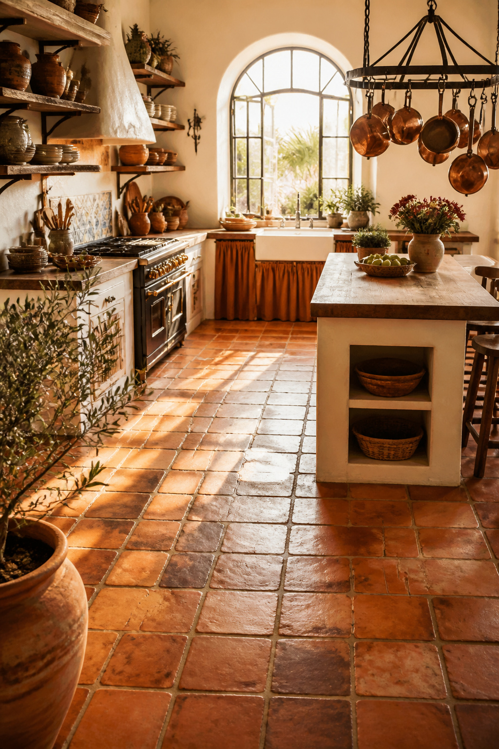 Handmade Saltillo terracotta tiles bring a warmth to this kitchen floor that no porcelain finish can match — the variation in color depth from amber to deep russet is a product of the hand-forming and low-firing process, not a printed pattern.