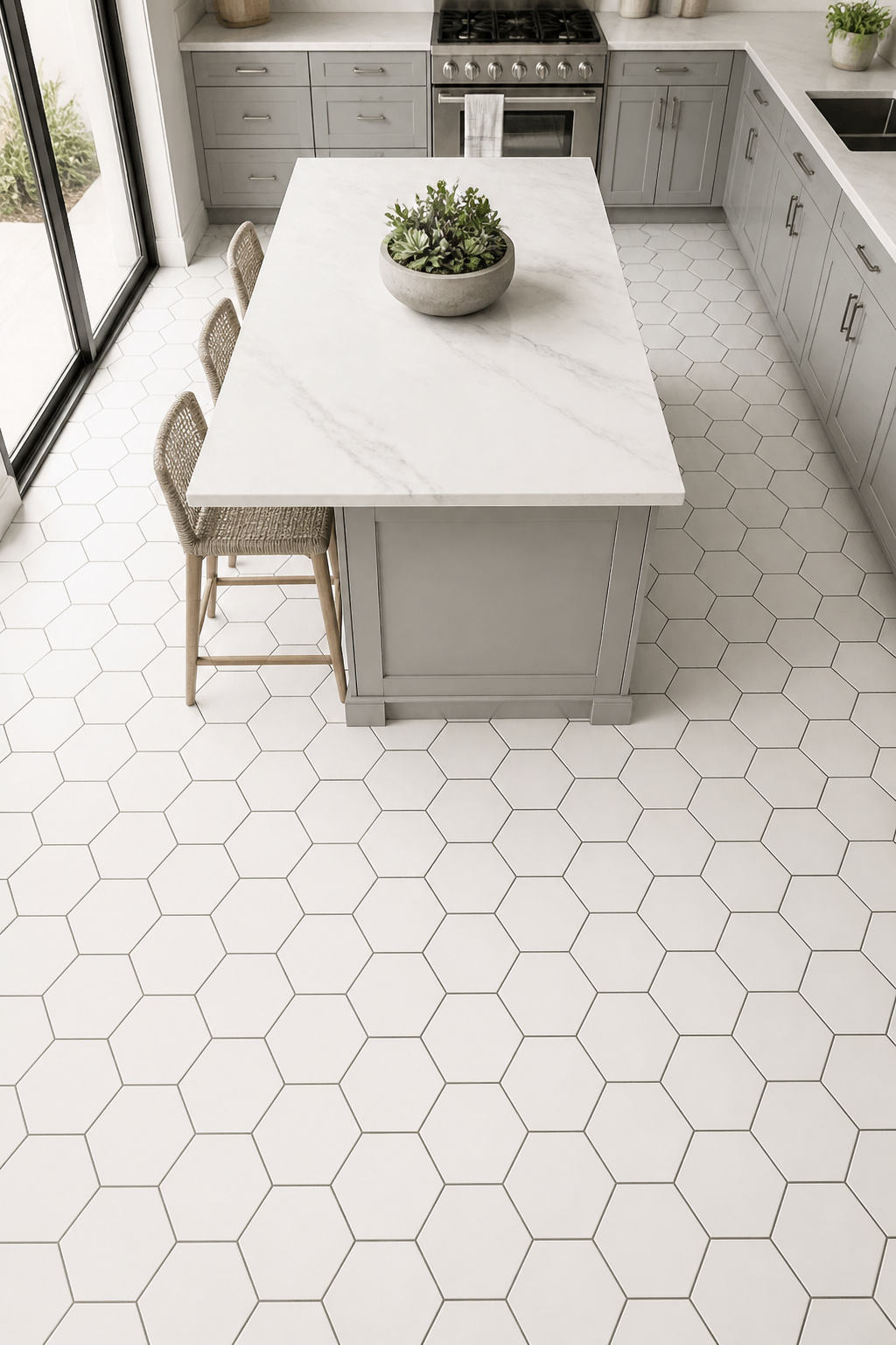 Large 12-inch hexagon kitchen floor tiles with contrasting charcoal grout turn the grout itself into a deliberate design element — the hexagon outline becomes as visually active as the tile color.
