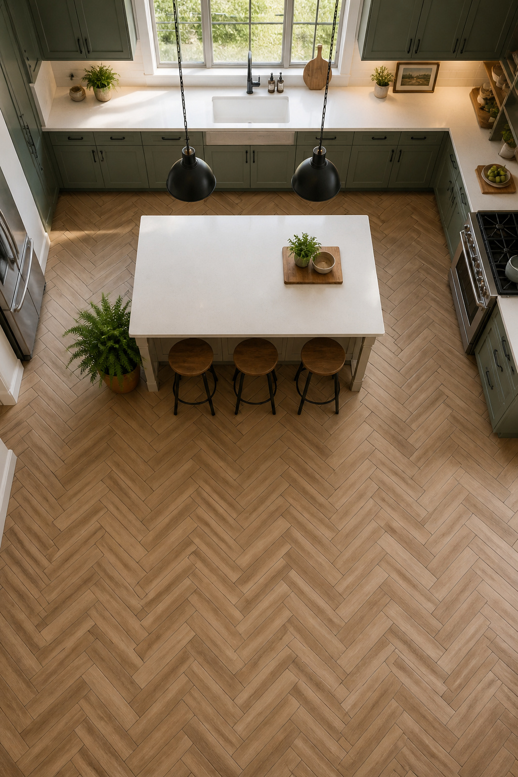 Herringbone wood-look porcelain adds directional energy to a kitchen floor that a straight plank layout cannot achieve — the zigzag pattern elongates the space and reads as authentically crafted.