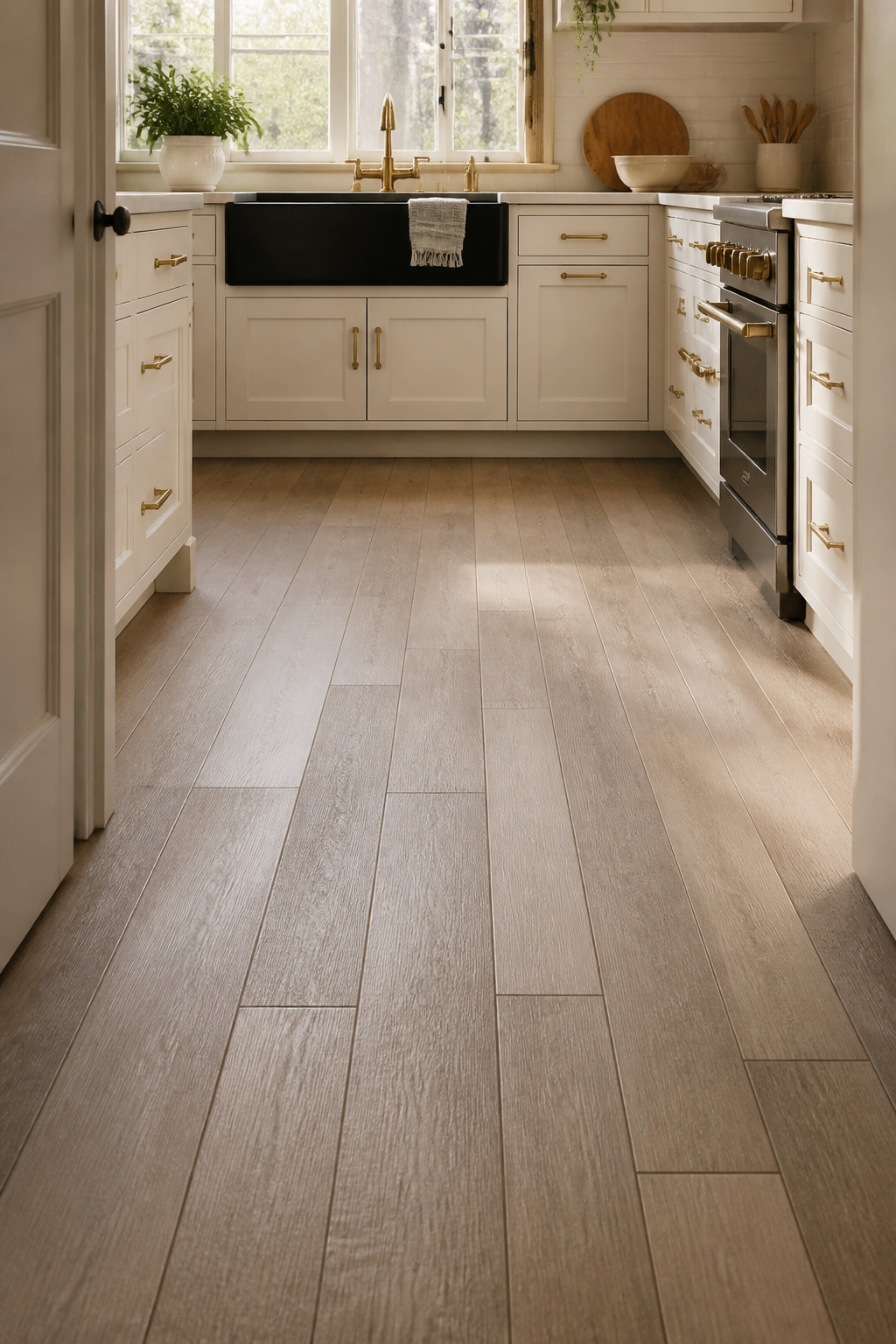 Mixed-width ash-grey porcelain planks in this kitchen floor convince at close range — the randomized 4/6/8-inch widths and varied grain printing eliminate the repeating pattern that betrays single-format wood-look tile.