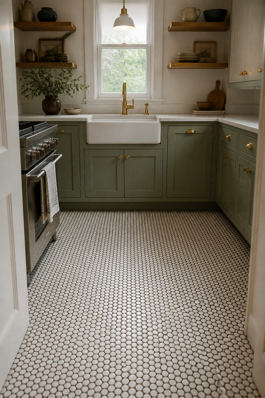 White penny round mosaic tiles with charcoal grout bring graphic texture to this kitchen floor — and the high grout-to-tile ratio means natural slip resistance is built into the format.