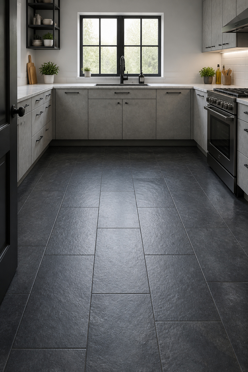 Textured slate-look porcelain in charcoal-grey delivers the visual depth and surface character of natural stone without the sealing requirements — and the cleft surface texture consistently achieves DCOF wet ratings of 0.60+.