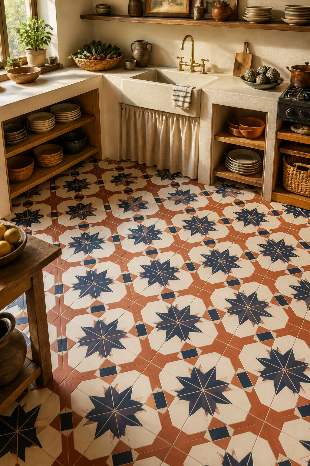 Encaustic cement tiles with a geometric pattern bring genuine handcraft to this kitchen floor — the slight variation in color depth and surface texture from tile to tile is what distinguishes them from any digitally printed alternative.