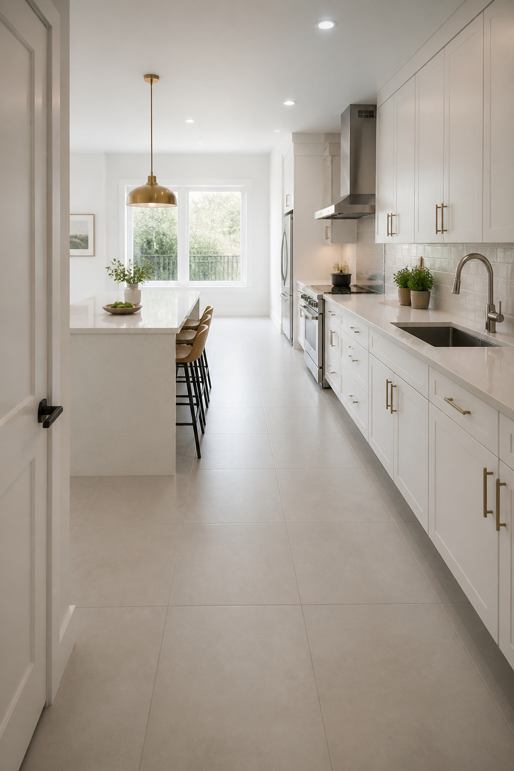 Large-format 24x24 porcelain slabs reduce visible grout lines to a minimum, giving this kitchen an uninterrupted sweep that makes the space read as significantly larger than it is.