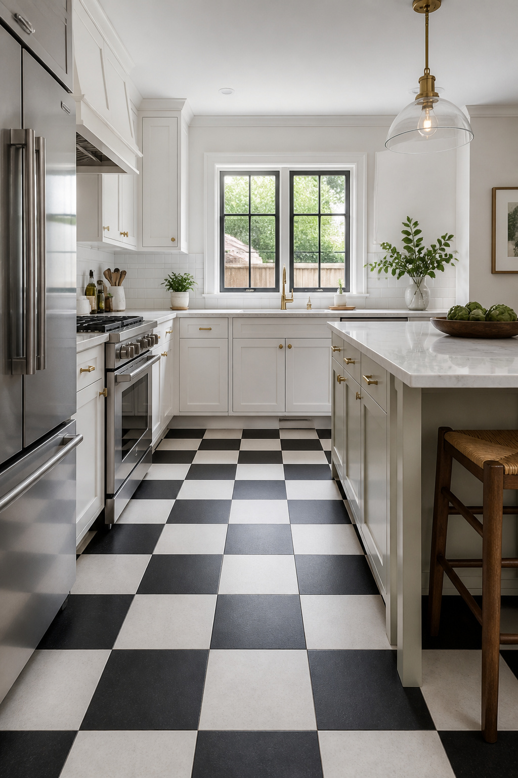 A 12x12 black and white checkerboard kitchen floor tile in a straight layout creates a bold architectural statement — strong enough to anchor the room without competing with classic white cabinetry.