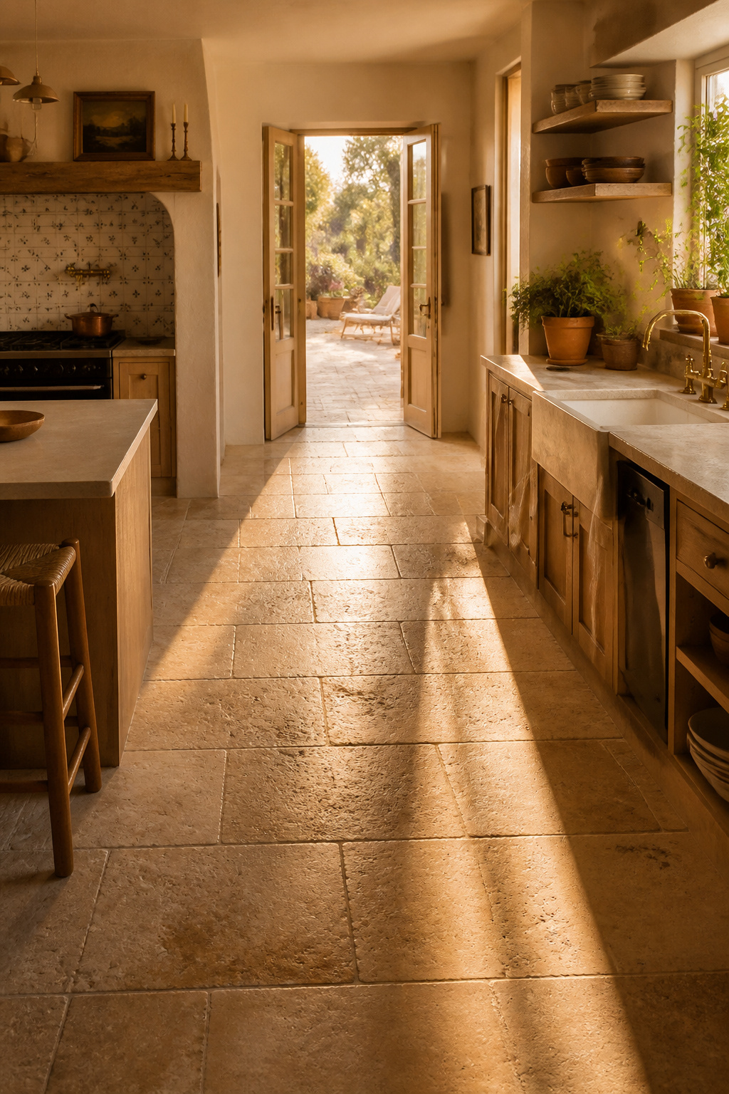 Honed travertine tiles in this kitchen floor bring geological warmth that no porcelain print can replicate — the naturally occurring voids and color variation are what make the material worth the extra maintenance commitment.