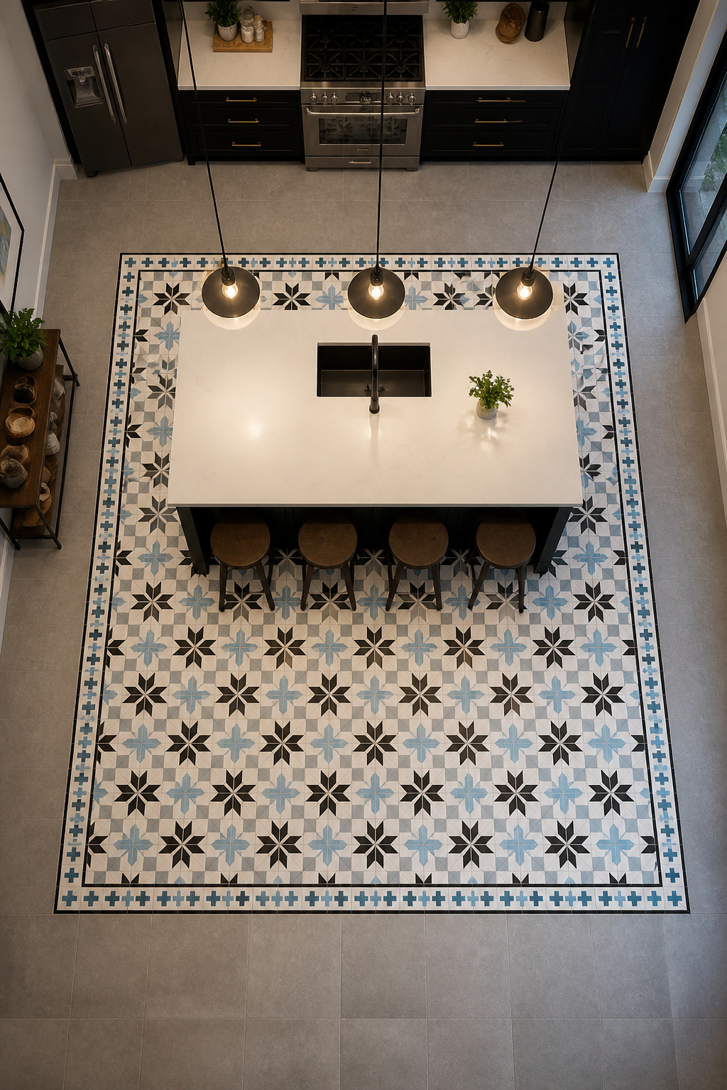 Using geometric patterned kitchen floor tile as an accent field under the island — rather than wall-to-wall — gives the pattern a deliberate frame and prevents it competing with everything else in the room.