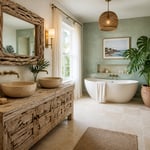 The complete coastal bathroom vocabulary — natural materials, warm whites, unlacquered brass, and organic greenery in a single room.