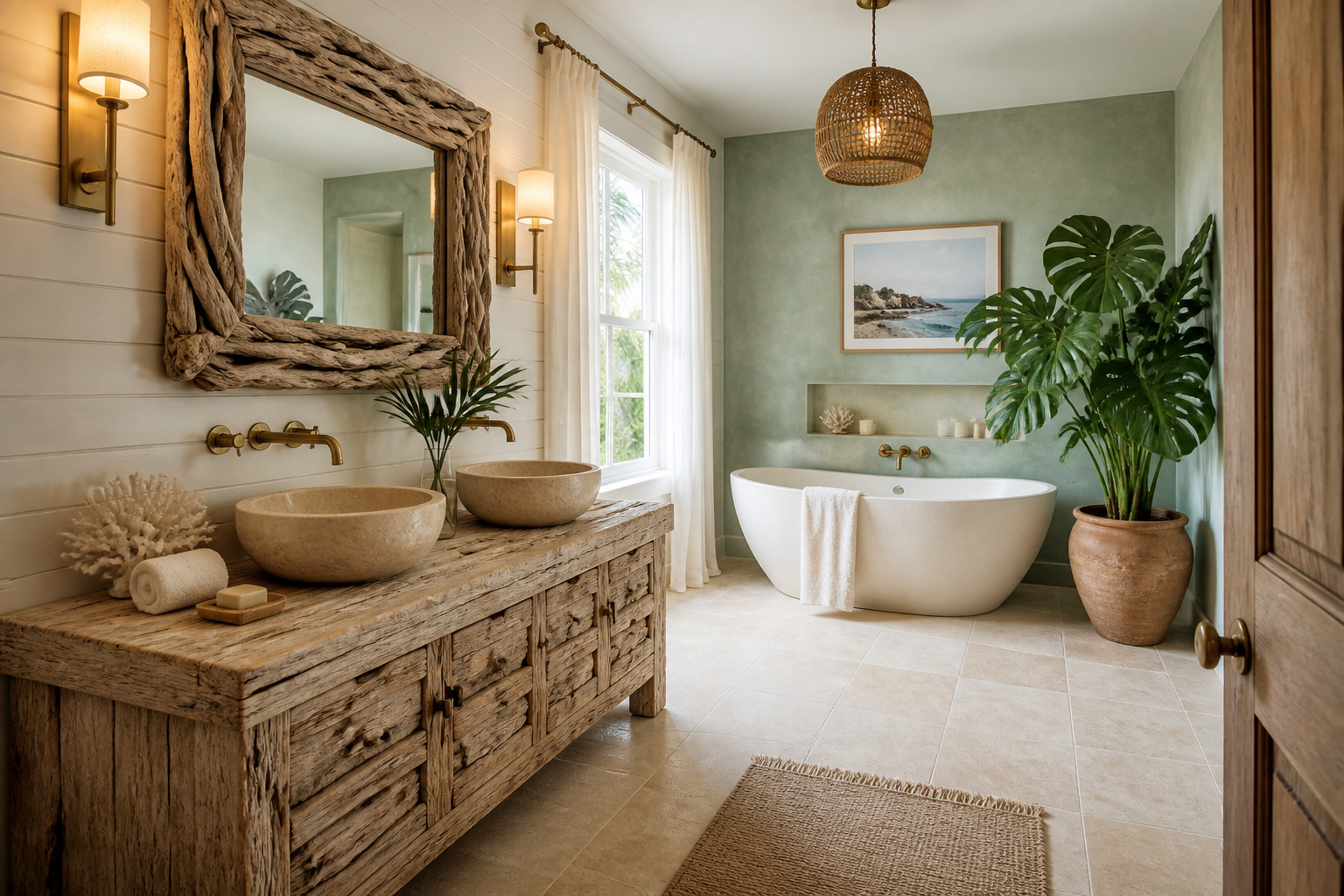 The complete coastal bathroom vocabulary — natural materials, warm whites, unlacquered brass, and organic greenery in a single room.