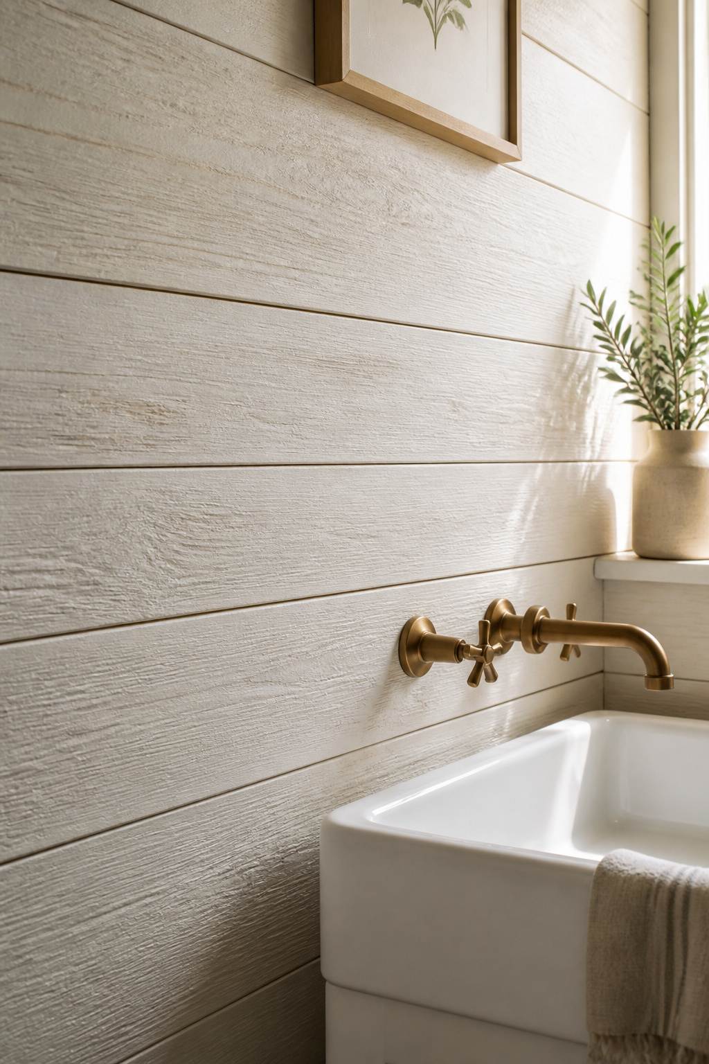 Pale whitewash shiplap — the coastal bathroom wall treatment that works because it references the architecture of actual beach houses.