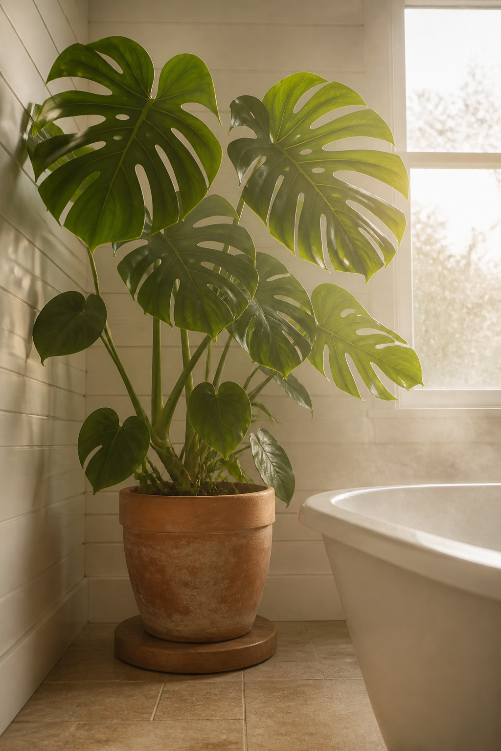 A floor-level monstera beside the soaking tub — one large plant reads as natural abundance; the bathroom does the rest.