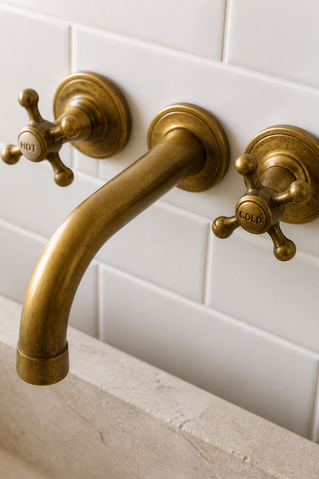 Unlacquered brass hardware developing its living patina — the warm, aged-metal quality no chrome finish achieves.