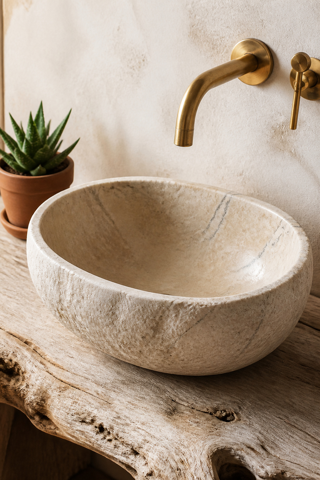 A limestone vessel basin on a driftwood vanity — two natural materials in quiet material dialogue.