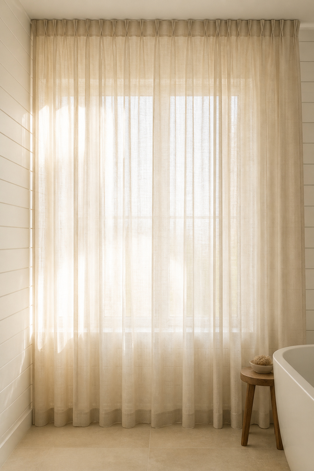 Natural linen hung from ceiling-mounted tracks — light diffused through woven fibre, the coastal bathroom's most atmospheric window treatment.