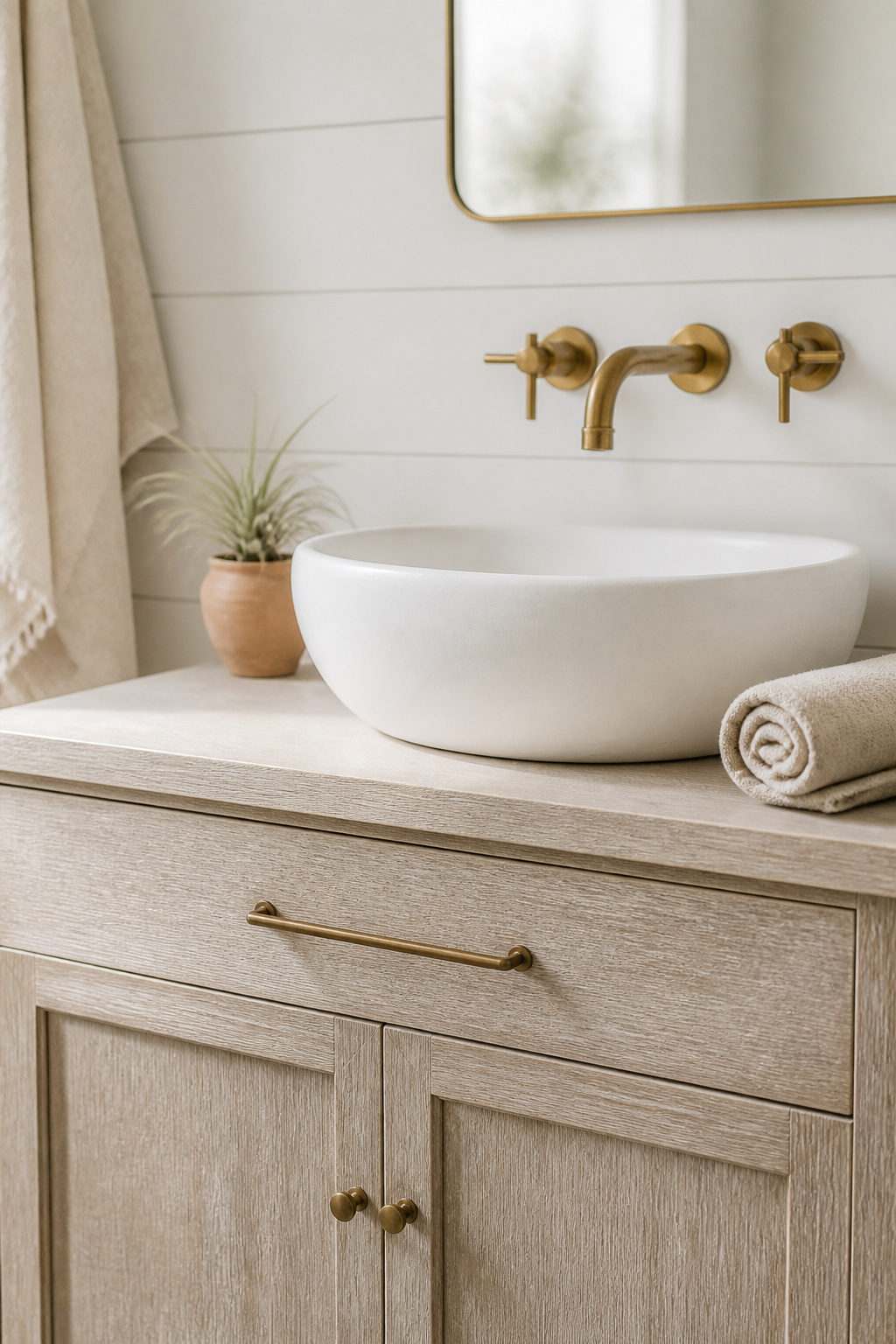 A bleached, wire-brushed ash vanity — the natural material foundation every coastal bathroom design starts from.