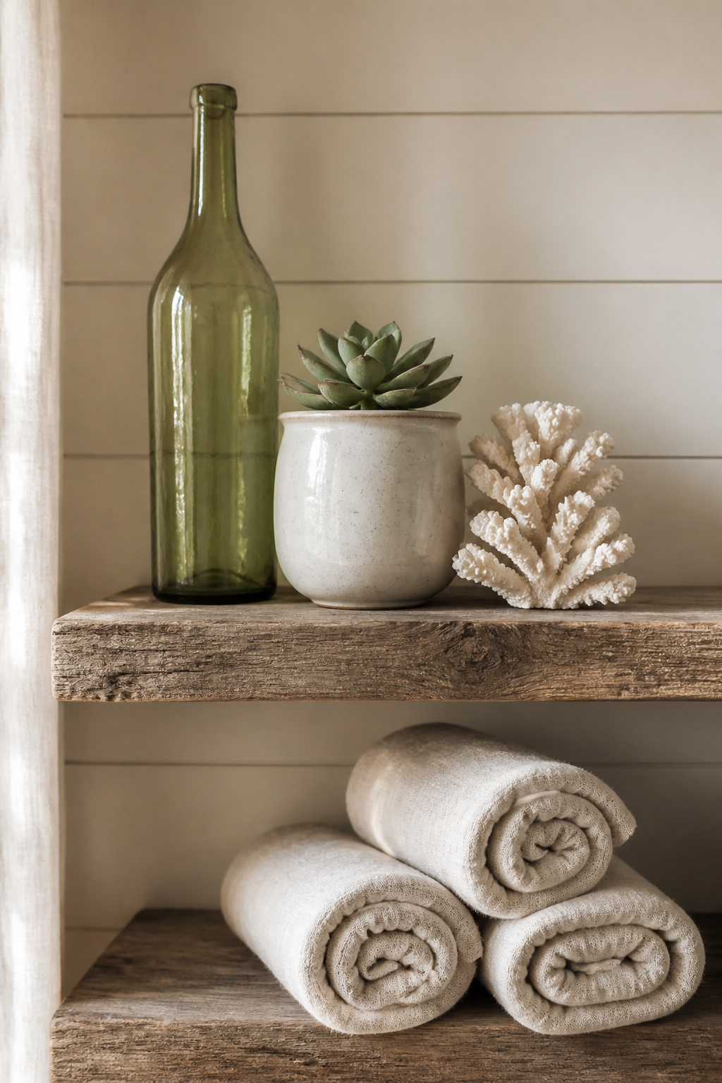 A weathered-oak shelf styled by material and height — objects grouped to read as collected rather than purchased.