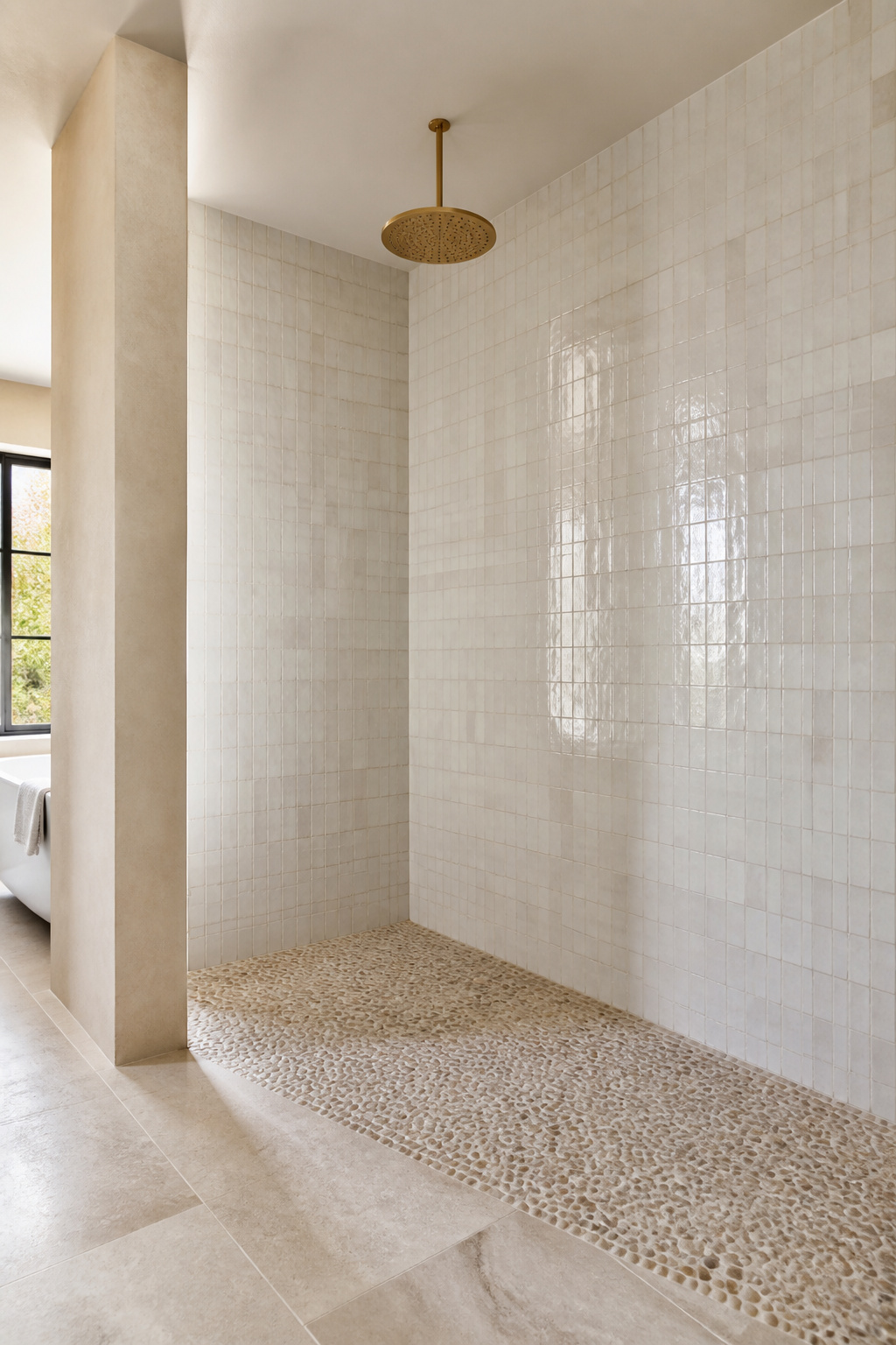 A curbless walk-in shower with pebble base and zellige surround — the seaside bathroom's most resolved modern configuration.