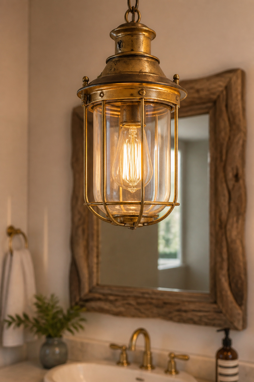 A weathered brass lantern pendant — the form with maritime precedent, the finish with the warm tone the coastal palette requires.