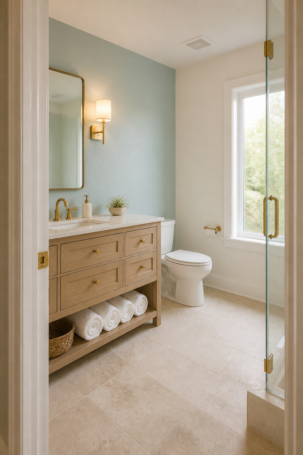 The aqua, sand, and warm white palette in its correct proportions — pale aqua as a considered accent, not a dominant colour.