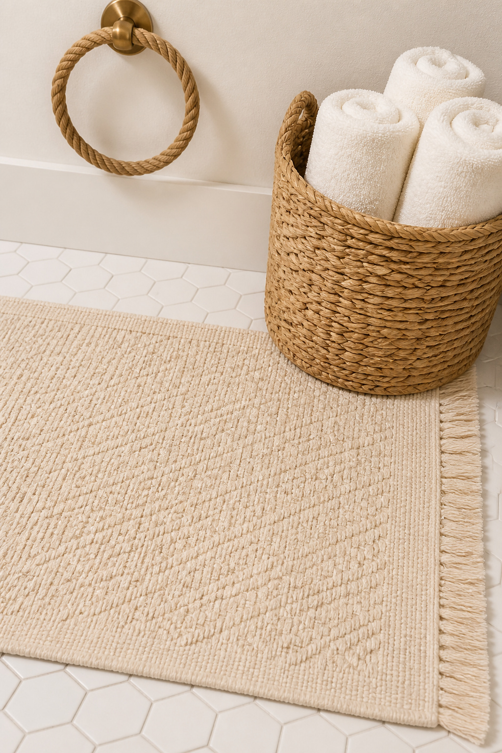 A Turkish cotton bath mat and seagrass basket — natural fibre texture without the moisture-damage risk of jute in the wet zone.