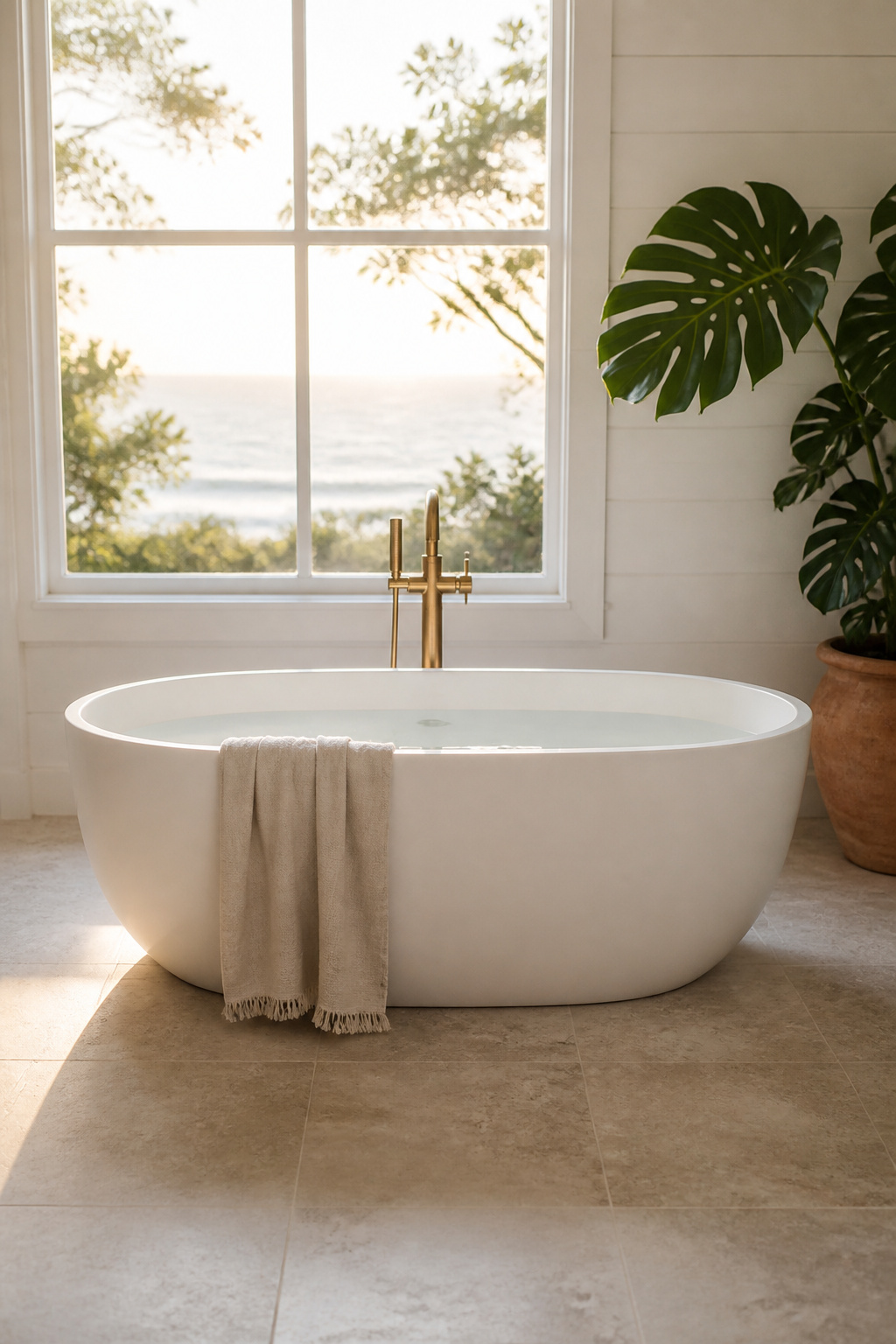 An oval stone resin freestanding tub positioned toward the window — the placement decision that makes a coastal bathroom feel like a destination.