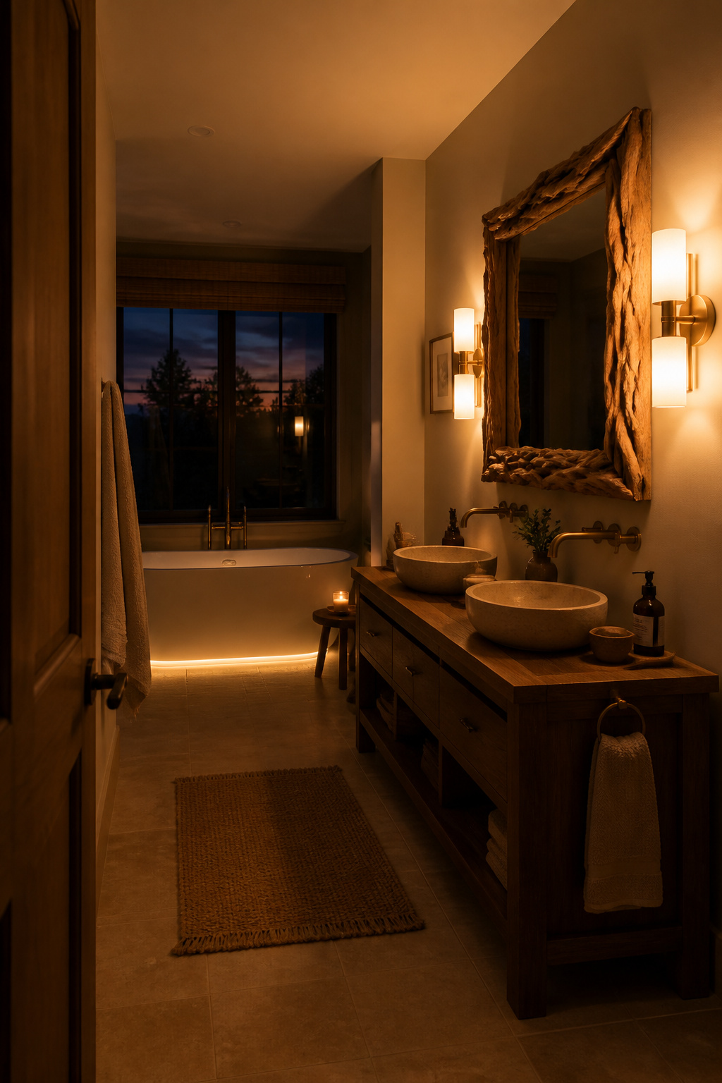Three light layers at 2700K — the lighting approach that gives a coastal bathroom its evening atmosphere.