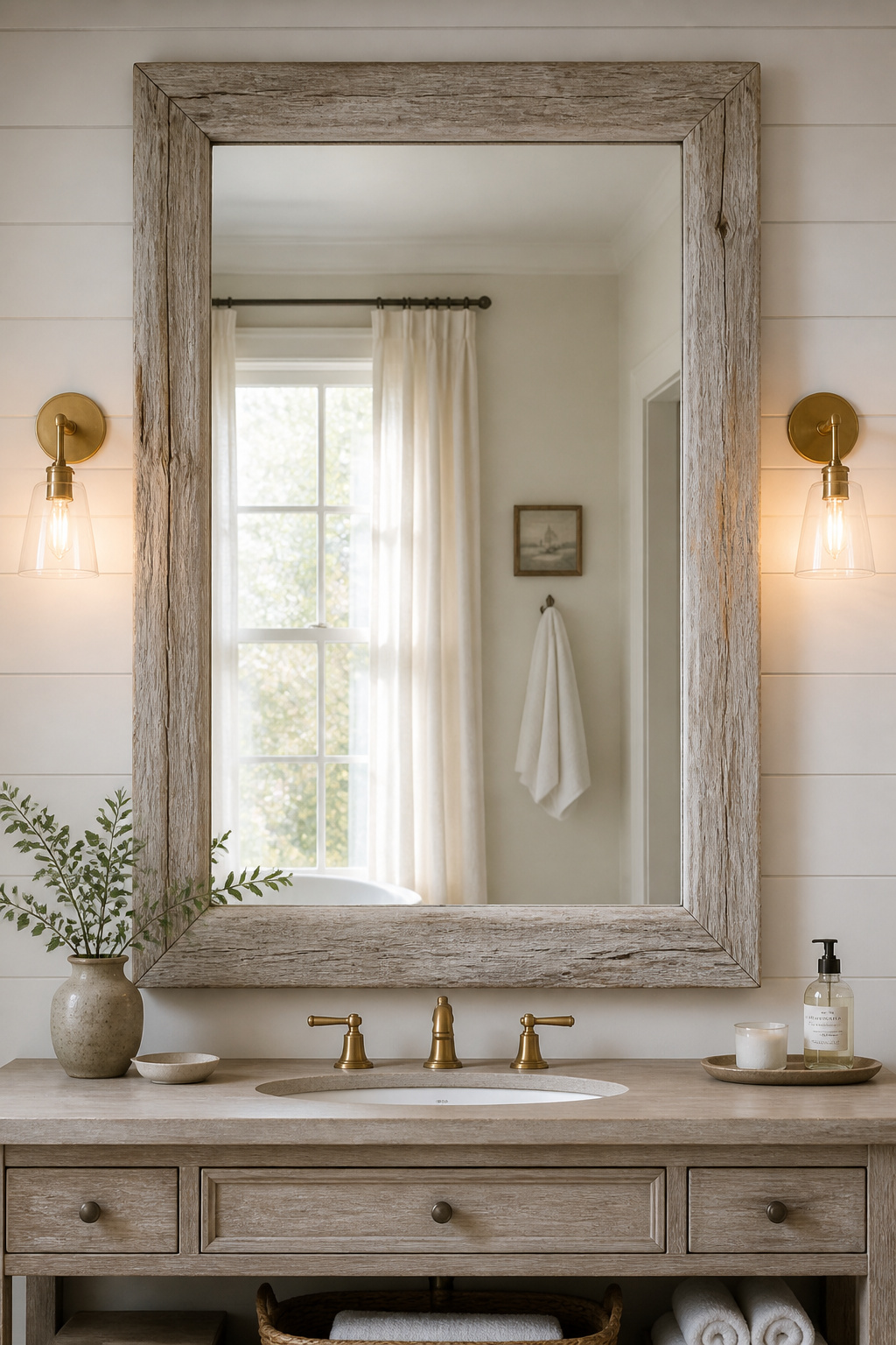 An oversized driftwood mirror — the scale decision that makes a coastal bathroom feel architecturally generous rather than just decorated.