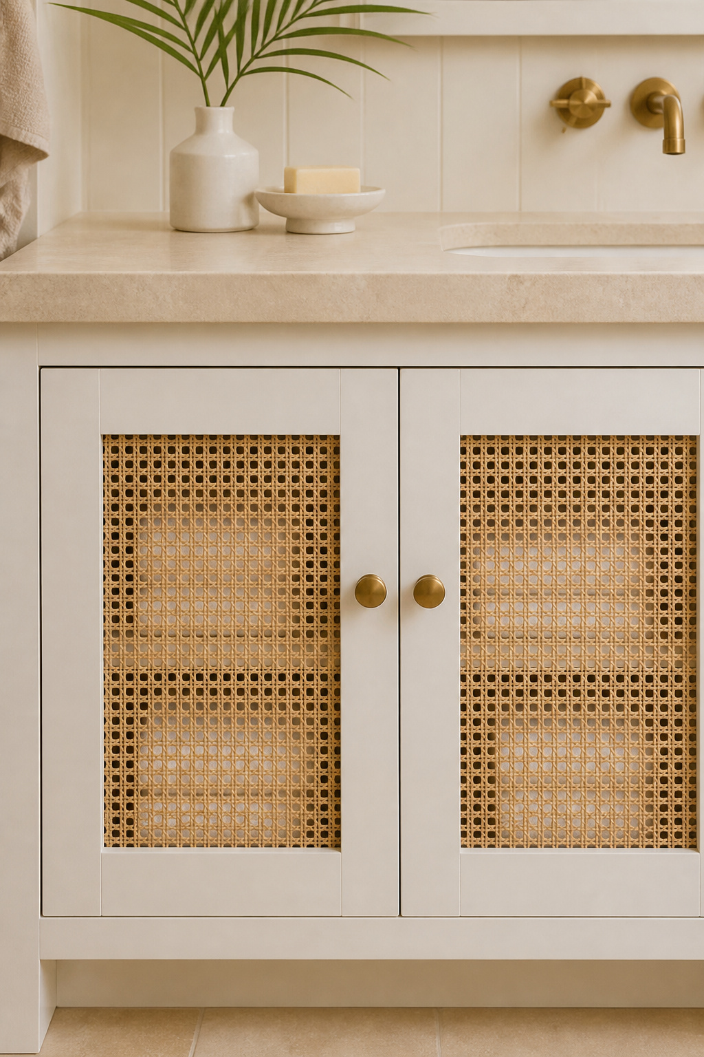 Cane webbing cabinet insets in a Shaker frame — organic texture and semi-transparency in a single cabinetry detail.
