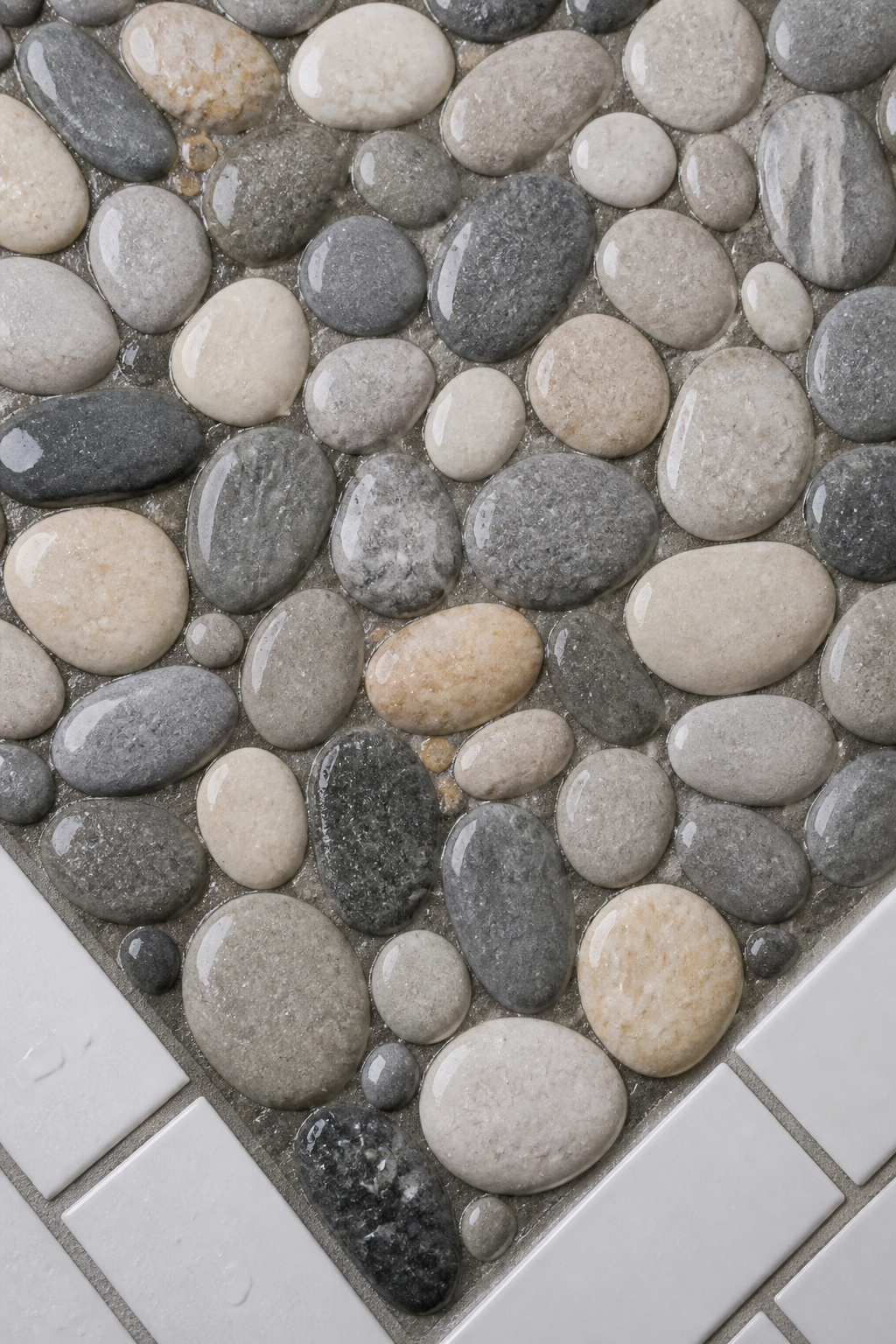 Natural river pebble shower tile — the single detail that signals coastal bathroom design more clearly than any other.