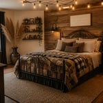 This rustic bedroom brings together reclaimed wood, layered vintage textiles, and warm Edison lighting to create the cozy, collected retreat that rustic bedroom decoration aims for — achievable at almost any budget.