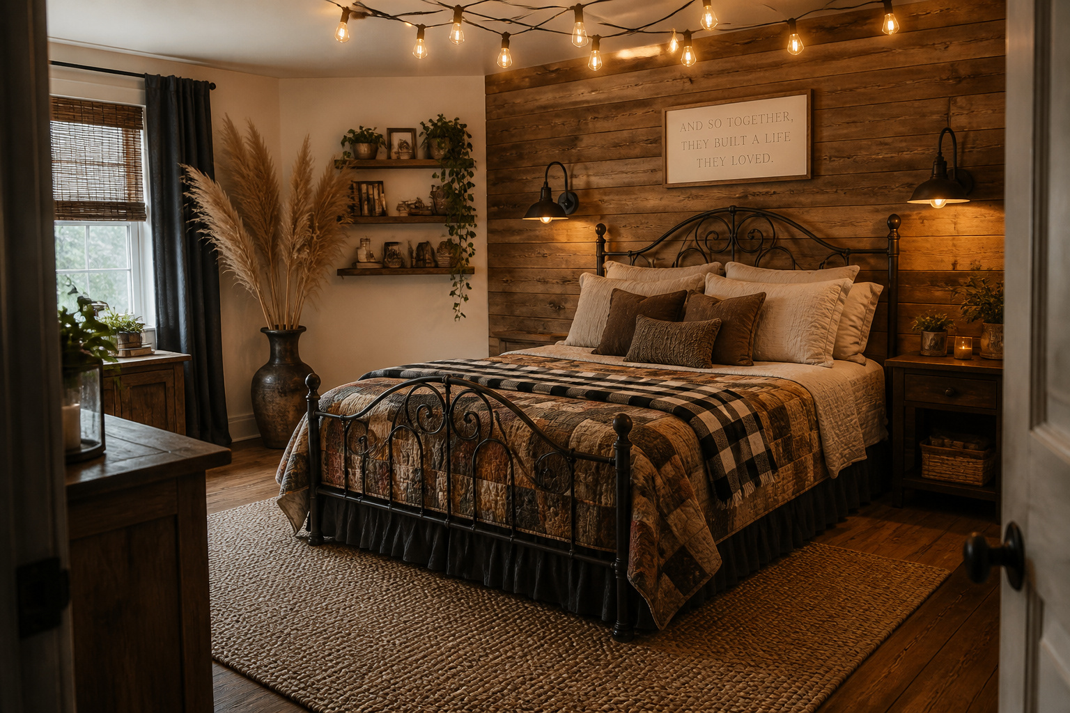 This rustic bedroom brings together reclaimed wood, layered vintage textiles, and warm Edison lighting to create the cozy, collected retreat that rustic bedroom decoration aims for — achievable at almost any budget.