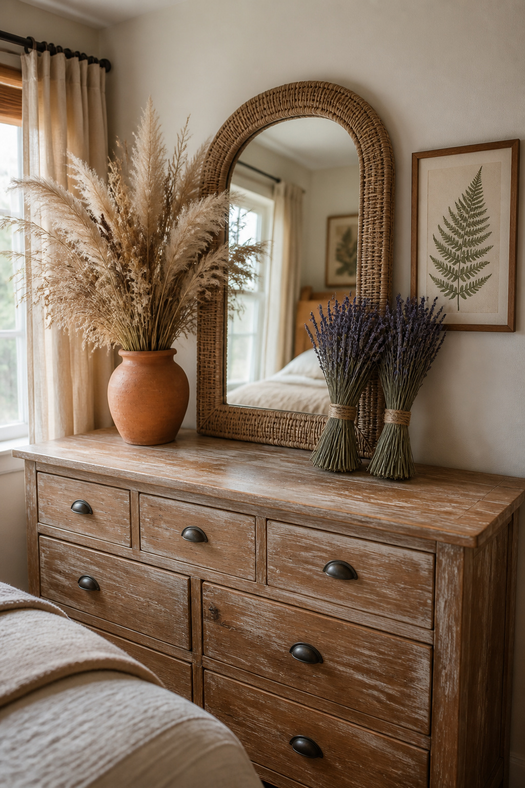 Dried pampas grass, lavender bundles, and pressed botanical art bring the low-maintenance natural warmth that rustic bedroom decoration depends on throughout every season.