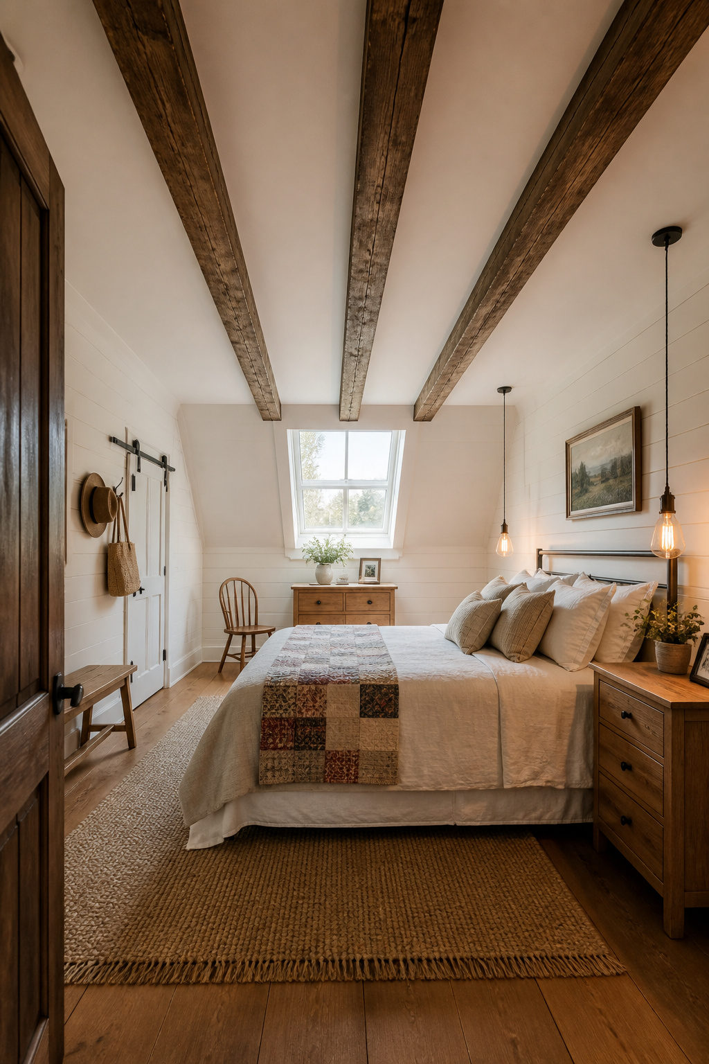 Faux ceiling beams running the length of the room add architectural character and warmth to a rustic bedroom design without structural modification.